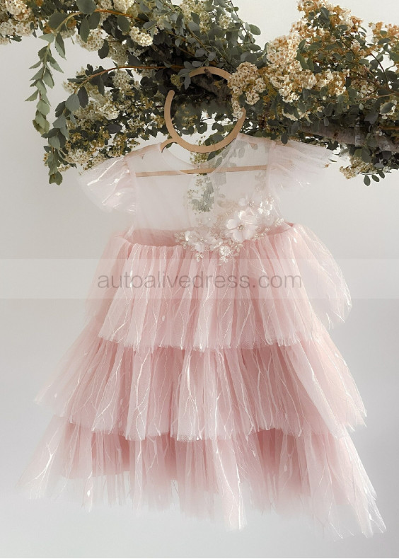 Cap Sleeves Lace Tulle Slit Back Cupcake Flower Girl Dress